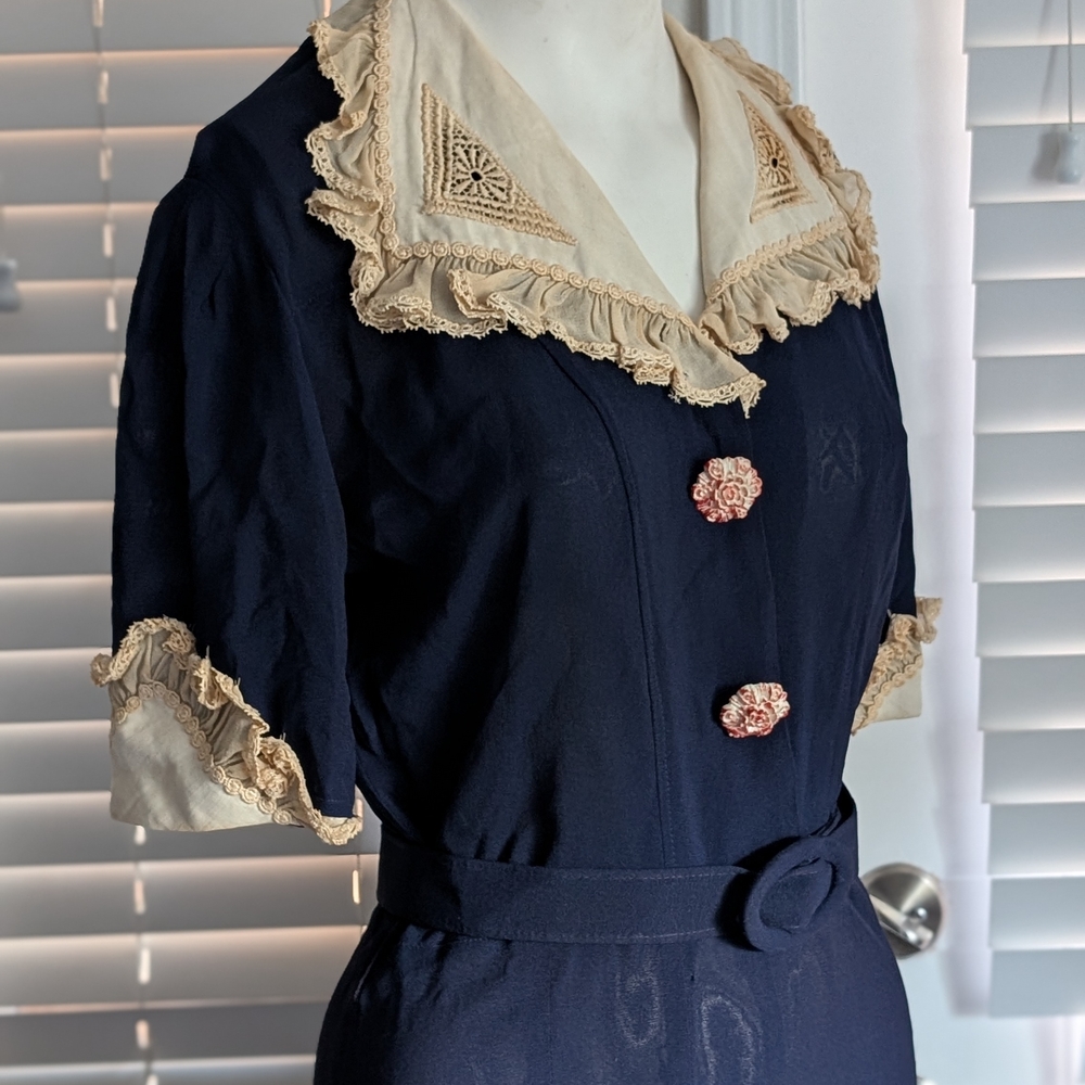 Vintage Navy Dress with Cream Lace Accents